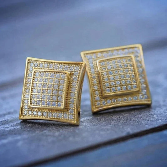 Gold Square Sparkle Stud Earrings-Ariette Jewelry