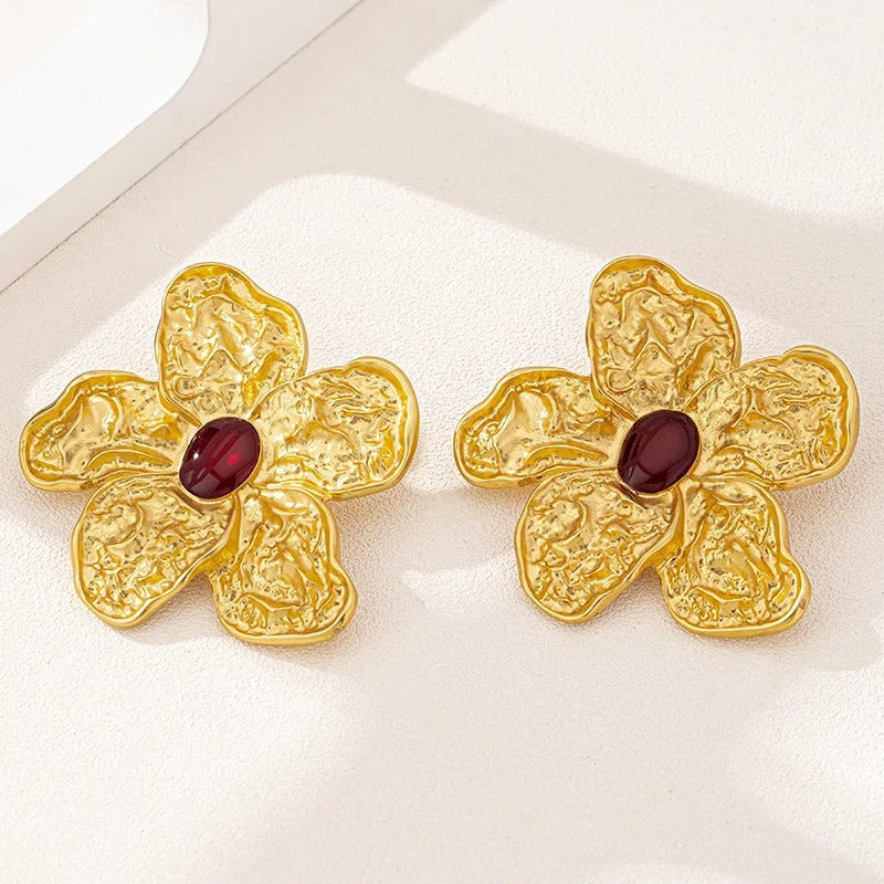 Classic Gold Flower Oval Red Stone Earrings-Ariette Jewelry