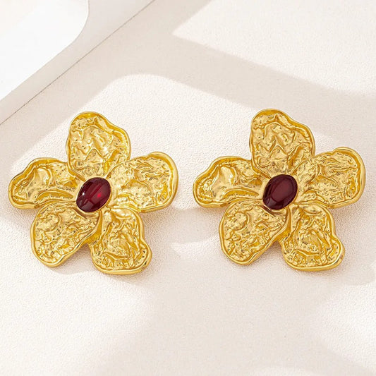 Classic Gold Flower Oval Red Stone Earrings-Ariette Jewelry