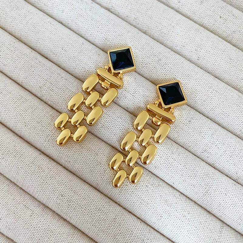 Vintage Gold Long Tassel Black Crystal Stud Earrings-Ariette Jewelry