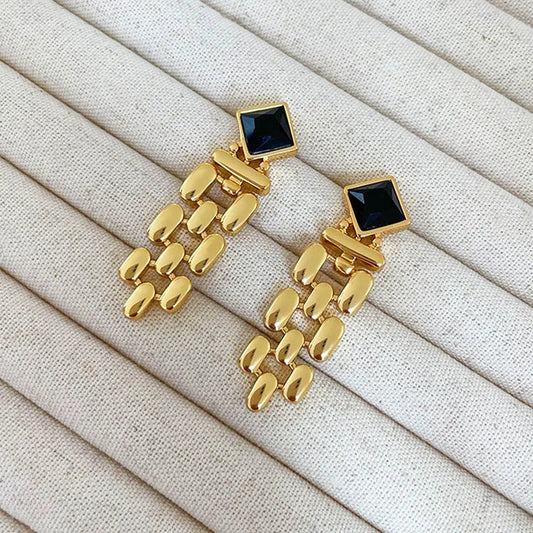 Vintage Gold Long Tassel Black Crystal Stud Earrings-Ariette Jewelry