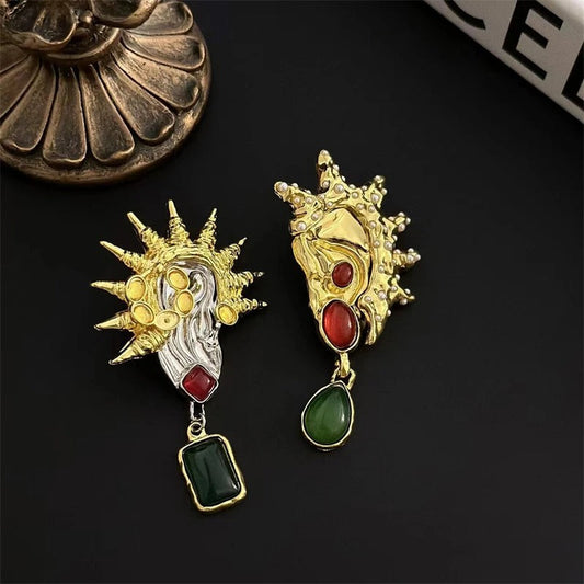Vintage Gold & Silver Spiked Shell Colored Accent Stone Earrings-Ariette Jewelry