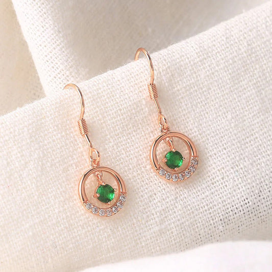 Classic Rose Gold Green Gem & Crystal Ring Drop Earrings-Ariette Jewelry