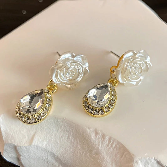Vintage White Rose Teardrop Earrings-Ariette Jewelry