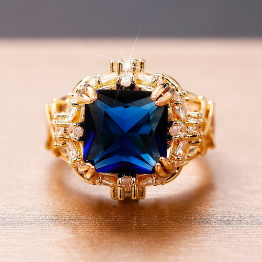 Vintage Gold Blue Square Cut Gem Ring-Ariette Jewelry
