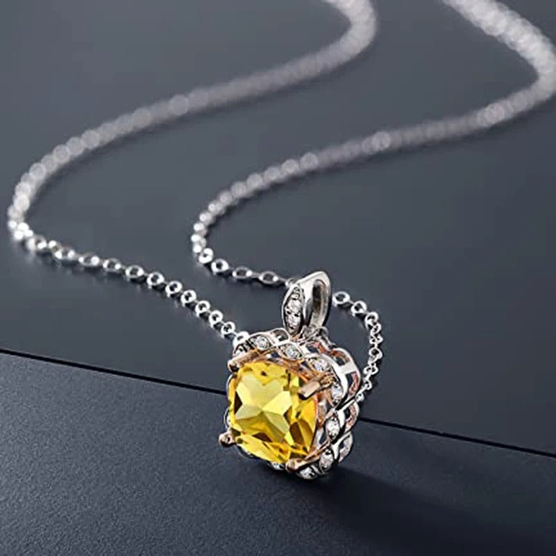 Vintage Silver Yellow Square Crystal Necklace-Ariette Jewelry