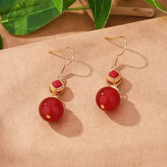 Vintage Gold & Red Gemstone Round Bead Dangle Earrings-Ariette Jewelry