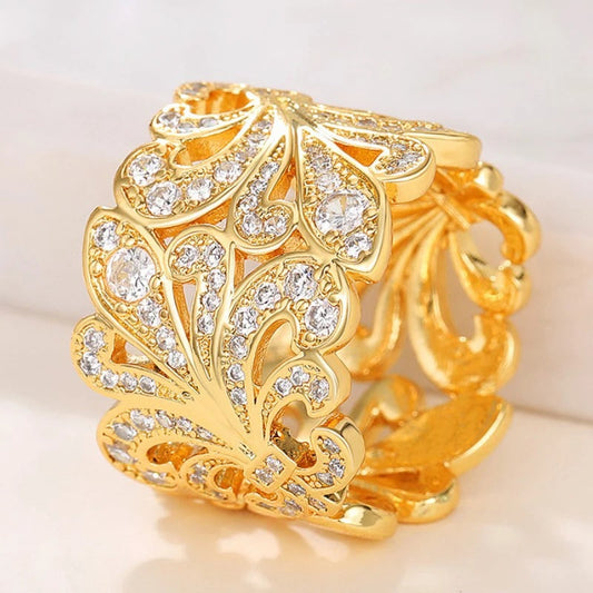 Vintage Gold Floral Pattern Crystal Ring-Ariette Jewelry