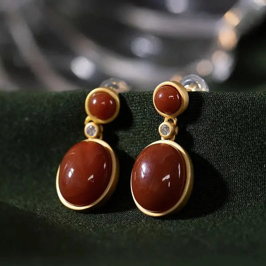 Classic Gold & Red Gemstone Dangle Earrings-Ariette Jewelry