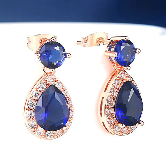 Rose Gold Blue & White Gemstone Drop Earrings-Ariette Jewelry