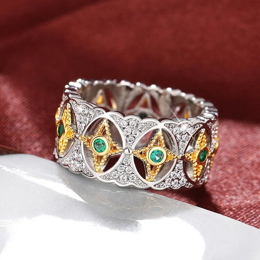 Silver Starburst Green Stone Vintage Ring-Ariette Jewelry