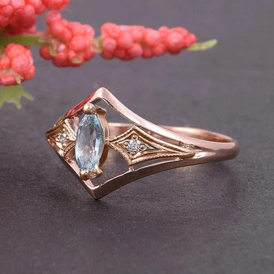 Vintage Rose Gold Blue Marquise Ring-Ariette Jewelry