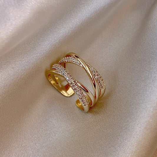 Vintage Gold Crisscross Crystal Adjustable Ring-Ariette Jewelry