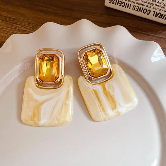 Timeless Gold Rectangular Yellow Gemstone & Marble Effect Earrings-Ariette Jewelry