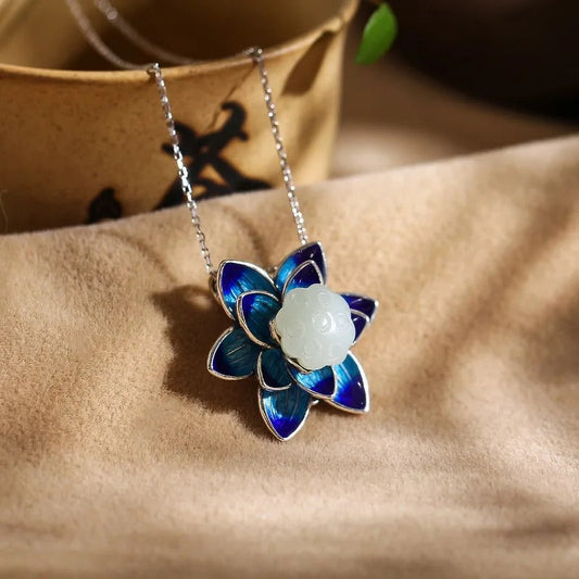 Vintage Blue Lotus Floral Pendant Necklace-Ariette Jewelry