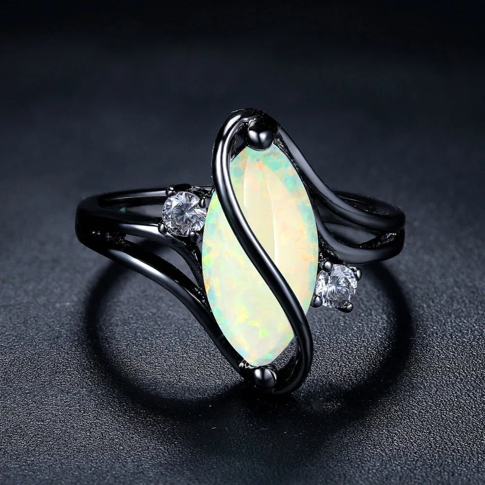 Vintage Black Silver Opal & Crystal Accent Ring-Ariette Jewelry