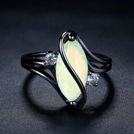 Vintage Black Silver Opal & Crystal Accent Ring-Ariette Jewelry