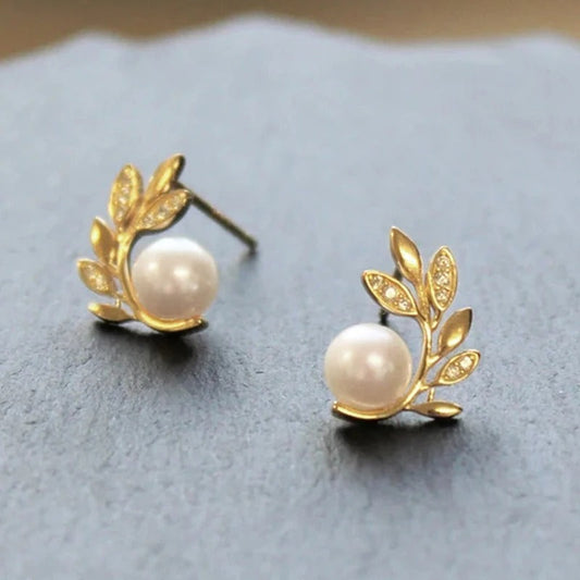 Pearl & Gold Leaf Stud Earrings-Ariette Jewelry