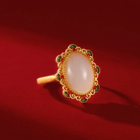 Classic Gold Oval White Gemstone & Floral Accent Adjustable Ring-Ariette Jewelry