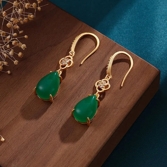 Classic Gold & Natural Green Chalcedony Earrings-Ariette Jewelry