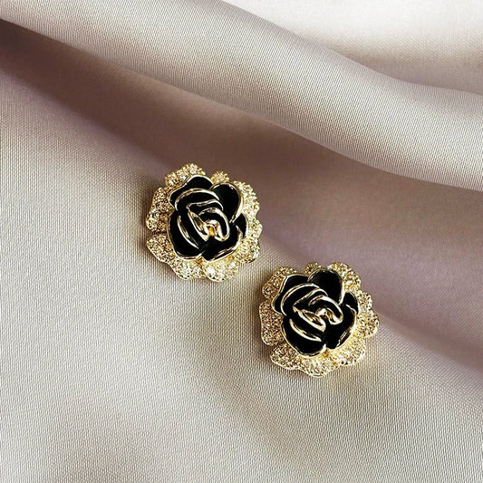 Vintage Gold & Black Rose Stud Earrings-Ariette Jewelry