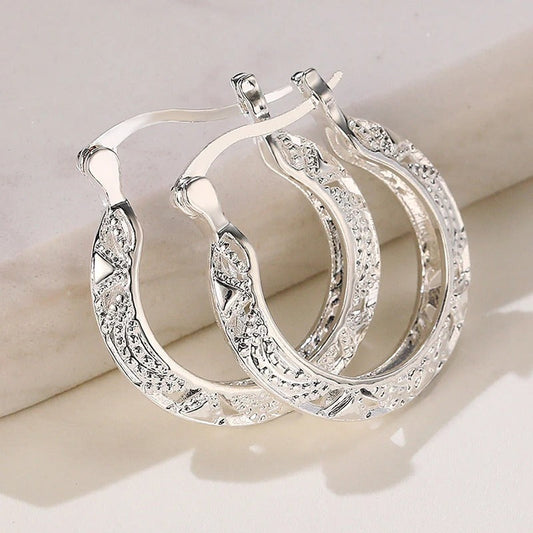 Vintage Silver Carved Pattern Earrings-Ariette Jewelry