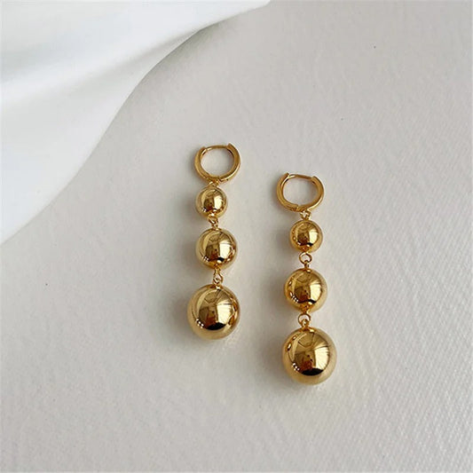 Gold Shiny Triple Ball Dangle Earrings-Ariette Jewelry