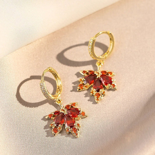 Red Zircon Maple Leaf Pendant Earring-Ariette Jewelry