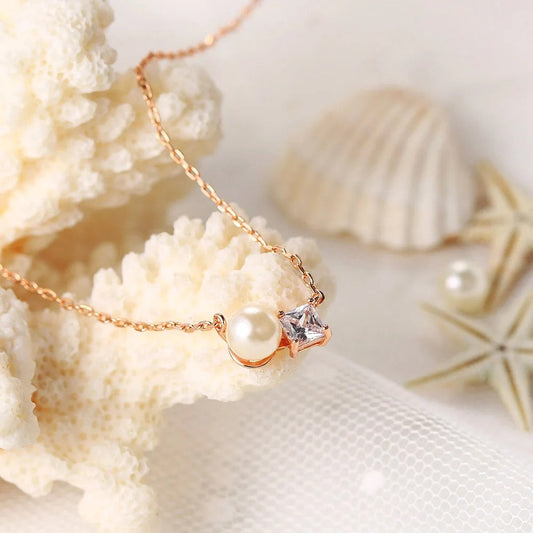 Classic Rose Gold Pearl & Sparkling Gem Necklace-Ariette Jewelry