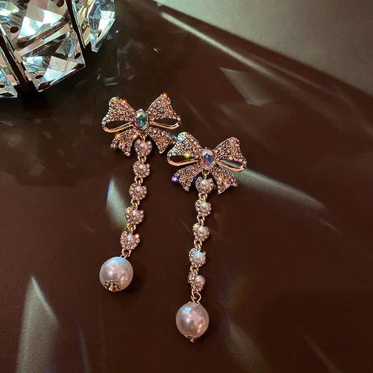 Vintage Gold Crystal Bow Pearl Drop Earrings-Ariette Jewelry