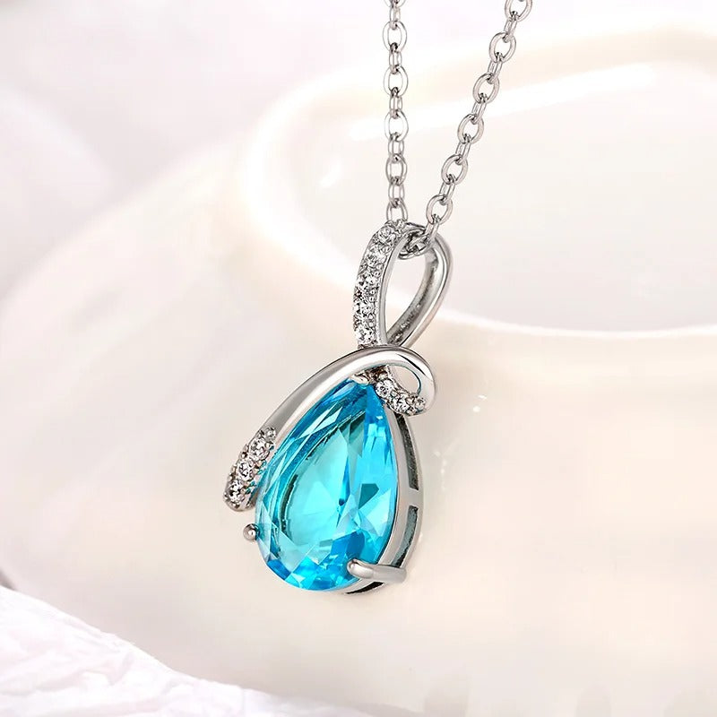 Vintage Silver Teardrop Aqua Necklace-Ariette Jewelry