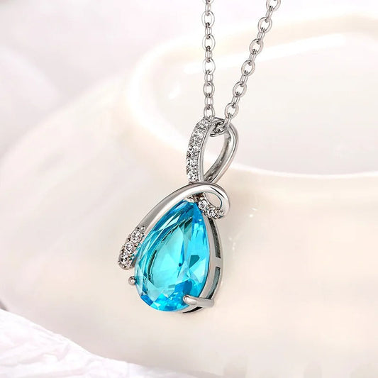 Vintage Silver Teardrop Aqua Necklace-Ariette Jewelry