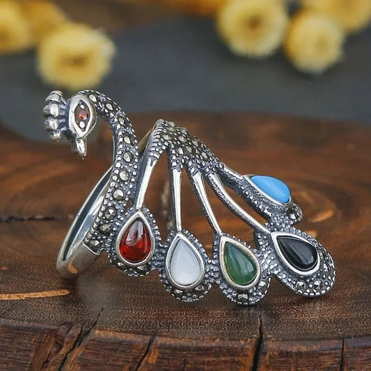 Ethnic Silver Multicolor Gemstone Gorgeous Peacock Ring-Ariette Jewelry