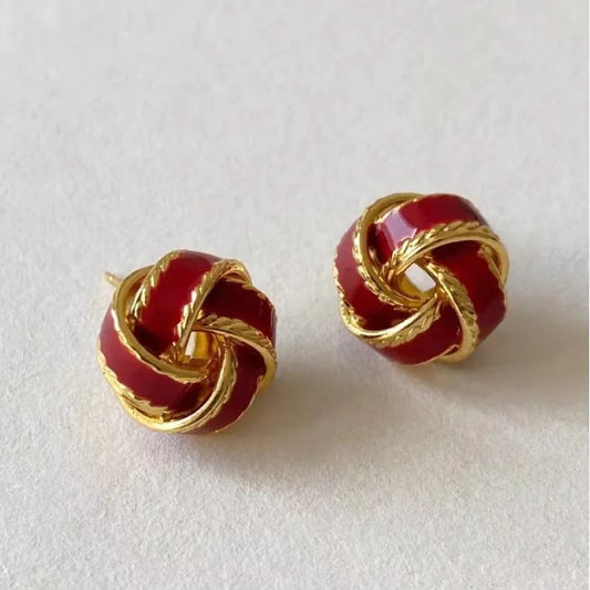 Gold-Plated Red Knot Design Stud Earrings-Ariette Jewelry