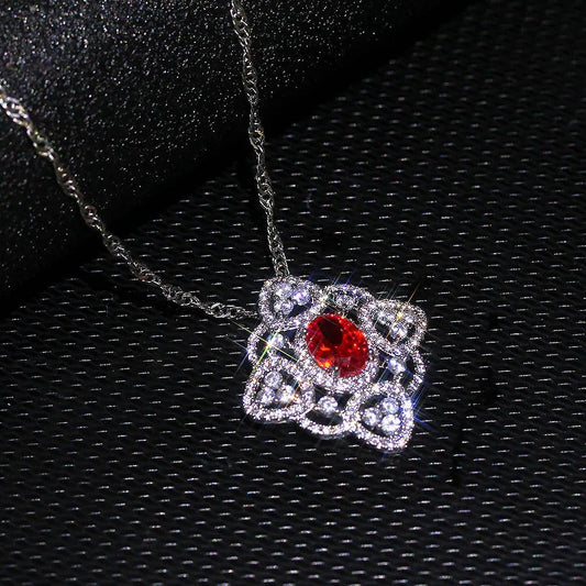 Retro Red Crystal & Intricate Silver Square Necklace-Ariette Jewelry