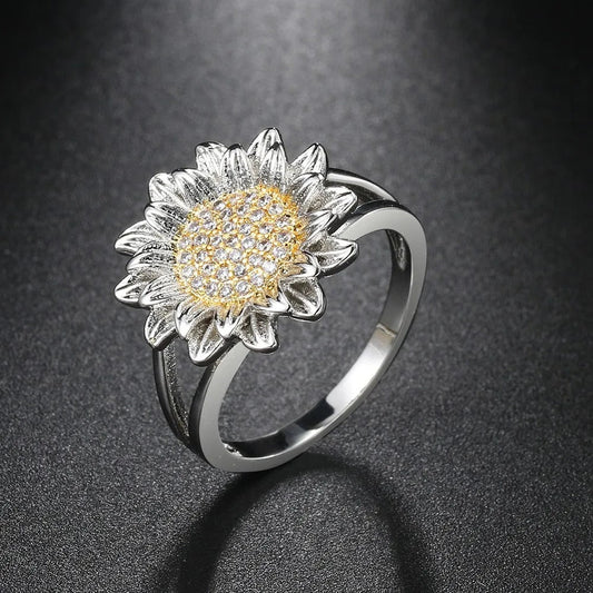 Vintage Floral Sunflower Silver Ring-Ariette Jewelry