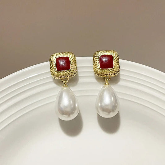 Vintage Gold Square Red Stone & Pearl Dangle Earrings-Ariette Jewelry