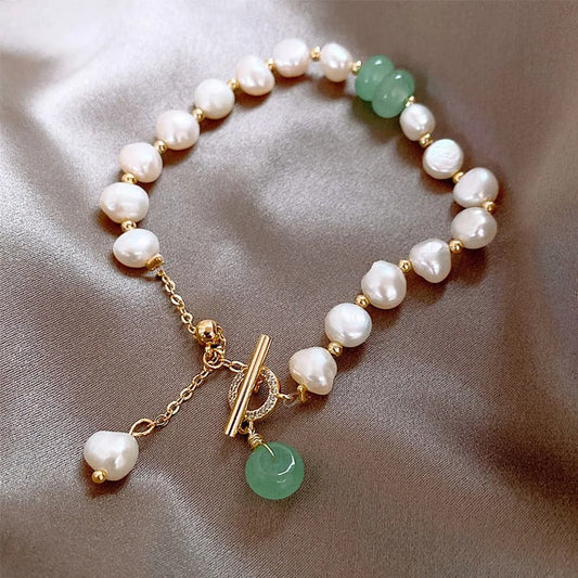 Vintage Pearl & Gold Green Gem Bracelet-Ariette Jewelry