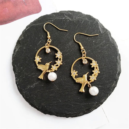 Gold Bird Flower & Pearl Drop Earrings-Ariette Jewelry