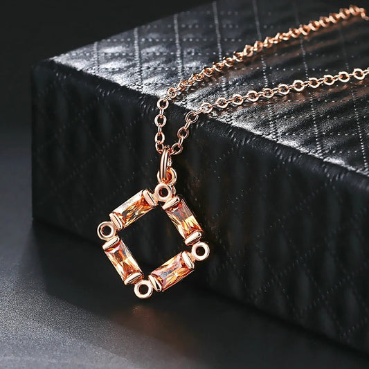 Classic Rose Gold Crystal Square Charm Necklace-Ariette Jewelry