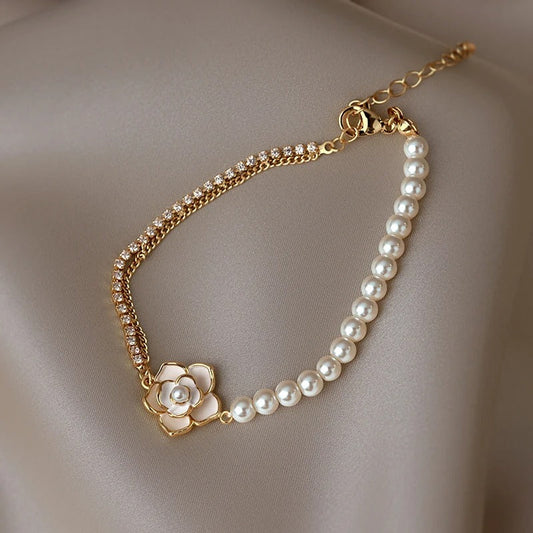 Vintage Pearl & Gold Floral Bracelet-Ariette Jewelry