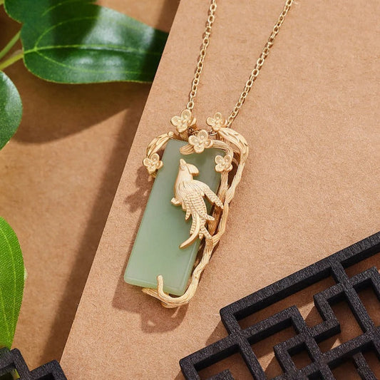 Gold Bird Green Gem & Magpie Flower Branch Pendant Necklace-Ariette Jewelry
