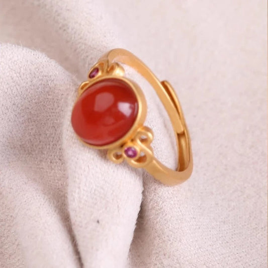 Vintage Gold Inlaid Natural Red Carnelian Oval Adjustable Ring-Ariette Jewelry