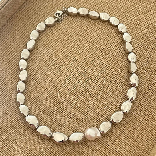 Retro Silver Teardrop Shaped Pearl & Bead Necklace-Ariette Jewelry