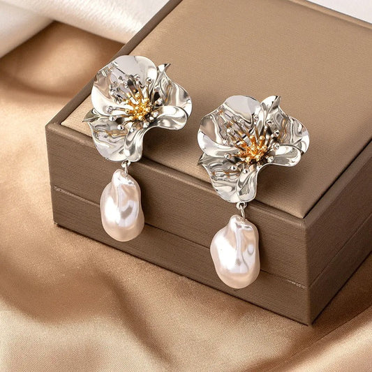 Vintage Silver Flower Pearl Drop Earrings-Ariette Jewelry