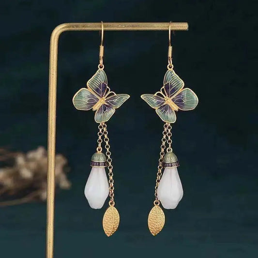 Vintage Gold & Green Butterfly Pearl Drop Earrings-Ariette Jewelry