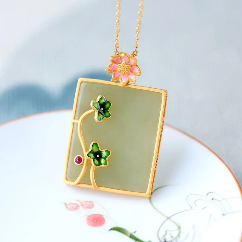 Vintage Green Blossom Gold Framed Leaf Necklace-Ariette Jewelry