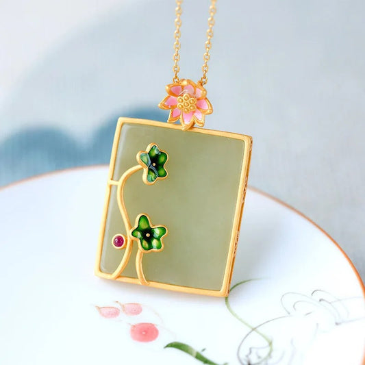 Vintage Green Blossom Gold Framed Leaf Necklace-Ariette Jewelry