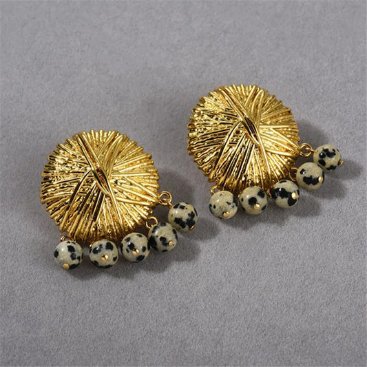 Retro Gold Dalmatian Stone Dangle Earrings-Ariette Jewelry