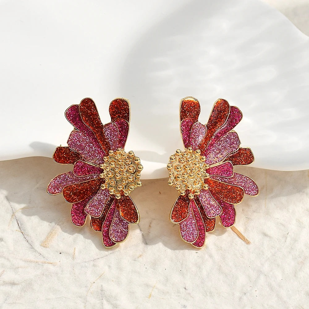 Vintage Pink & Red Glitter Flower Gold Earrings-Ariette Jewelry